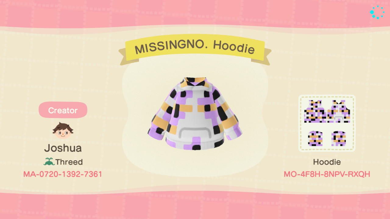 Animal Crossing Design Code: MO-4F8H-8NPV-RXQH MISSINGNO. Hoodie