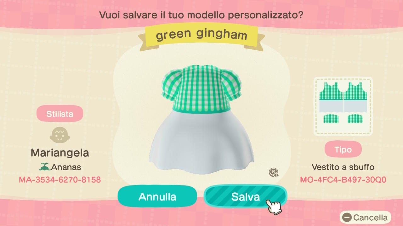 Animal Crossing Design Code: MO-4FC4-B497-30Q0 Green gingham dress