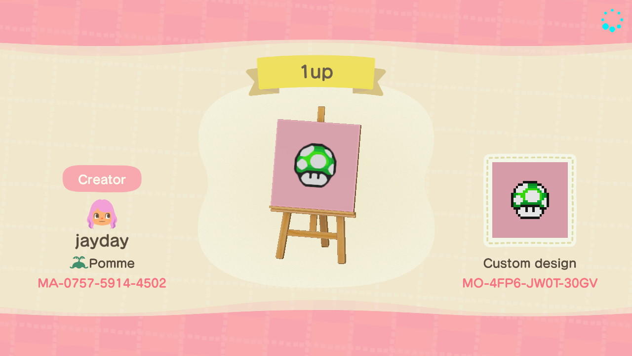 Animal Crossing Design Code: MO-4FP6-JW0T-30GV 1 Up Mushroom Mario