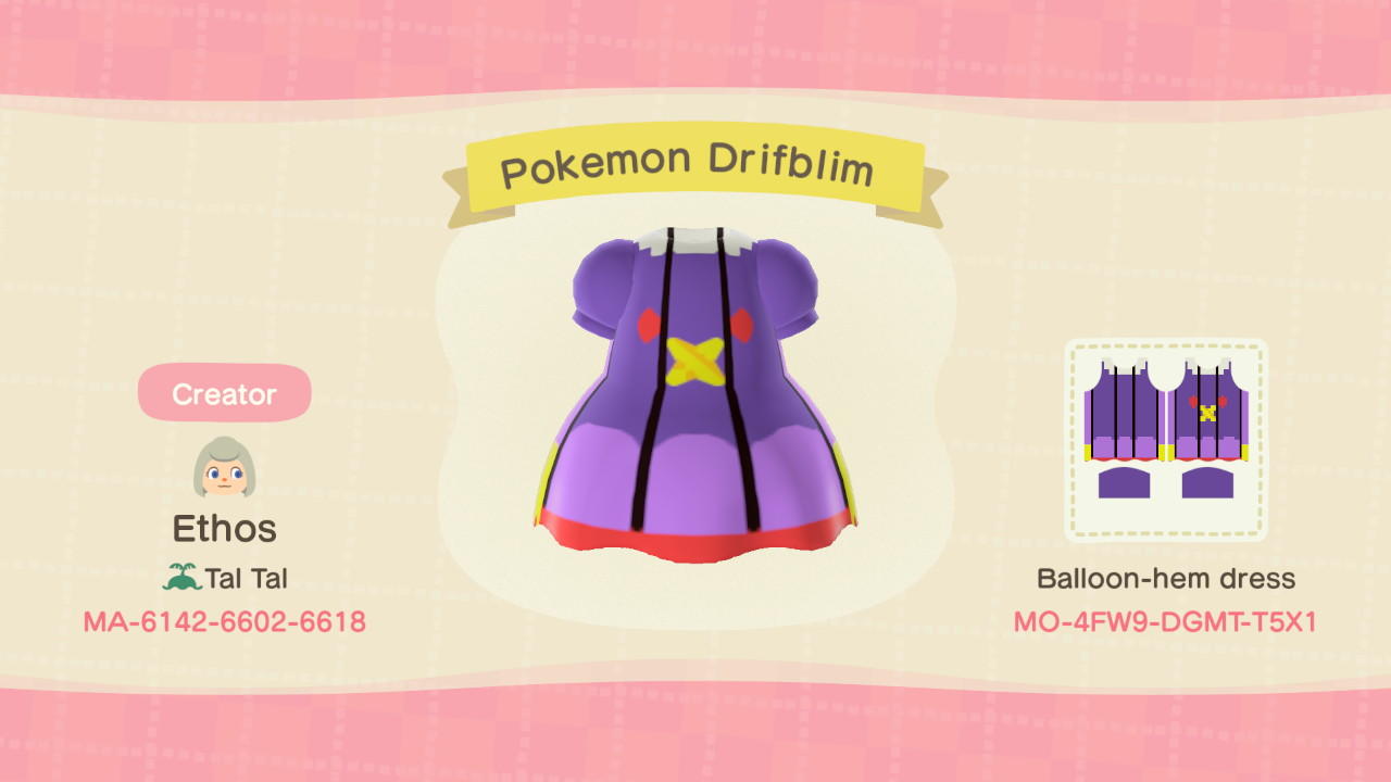 Animal Crossing Design Code: MO-4FW9-DGMT-T5X1 Drifblim Dress