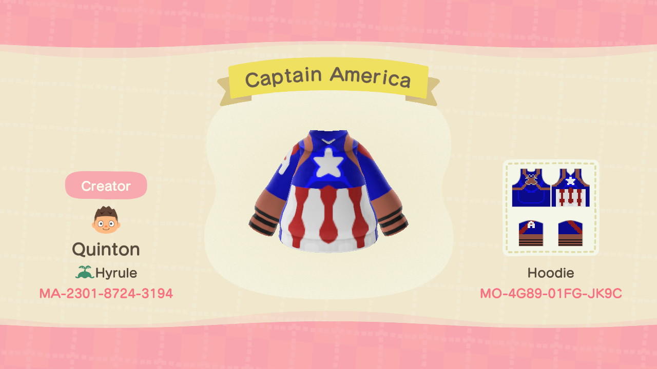 Animal Crossing Design Code: MO-4G89-01FG-JK9C Captain America