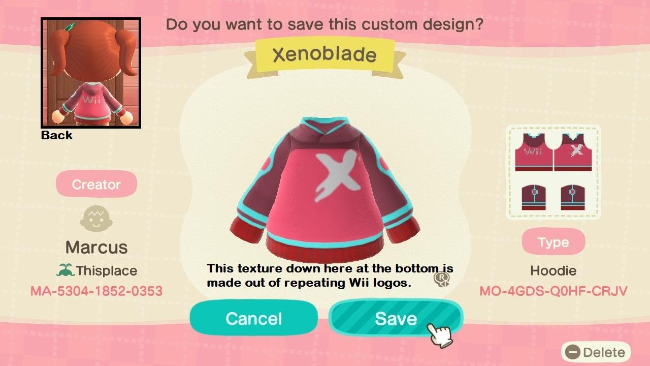 Animal Crossing Design Code: MO-4GDS-Q0HF-CRJV Xenoblade Hoodie