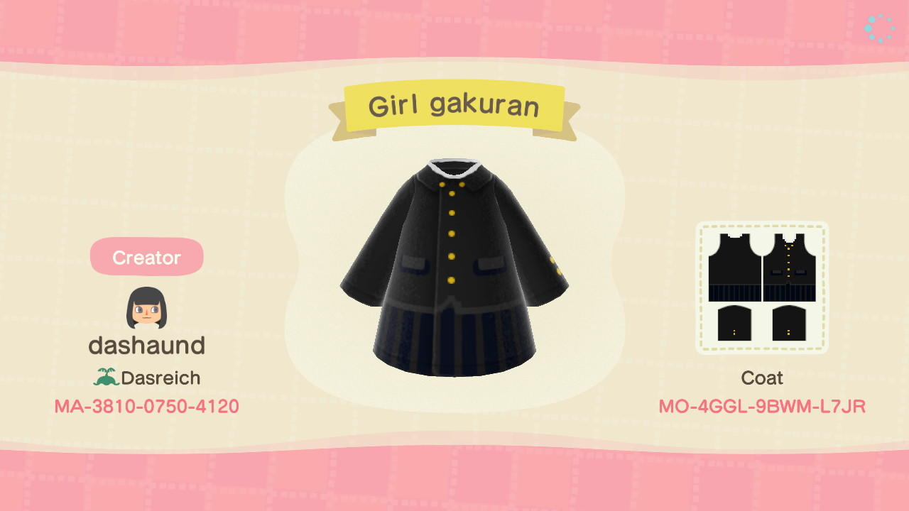 Animal Crossing Design Code: MO-4GGL-9BWM-L7JR Girl Gakuran