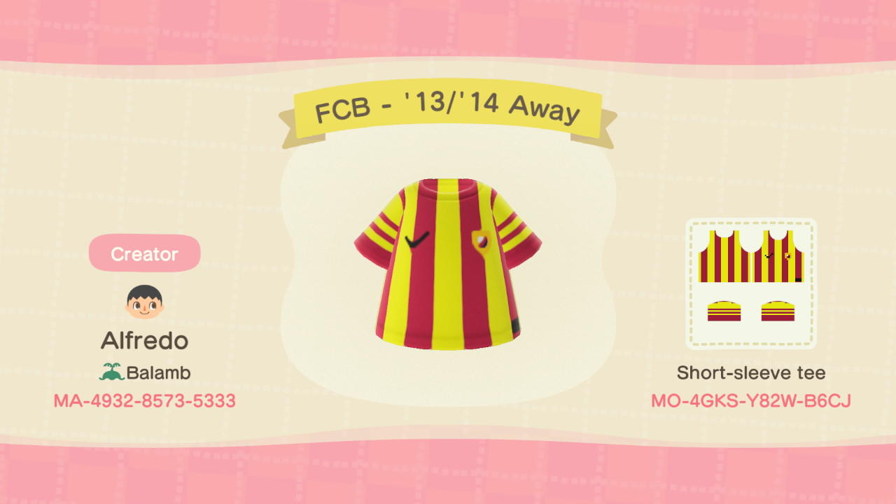 Animal Crossing Design Code: MO-4GKS-Y82W-B6CJ FCB - 13/14 Away