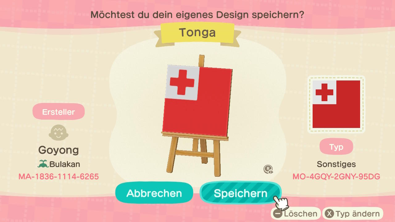 Animal Crossing Design Code: MO-4GQY-2GNY-95DG Tonga