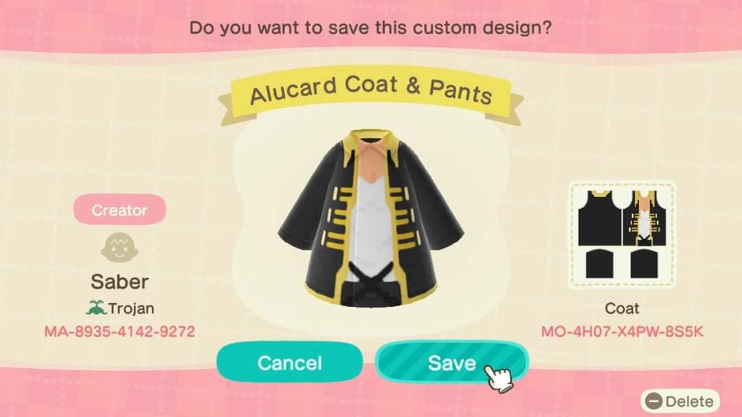 Animal Crossing Design Code: MO-4H07-X4PW-8S5K Alucard Coat & Pants
