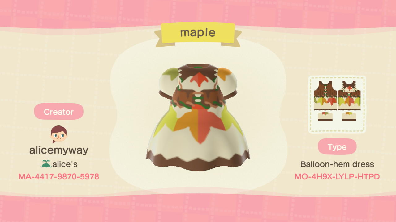 Animal Crossing Design Code: MO-4H9X-LYLP-HTPD Maple leaves dress