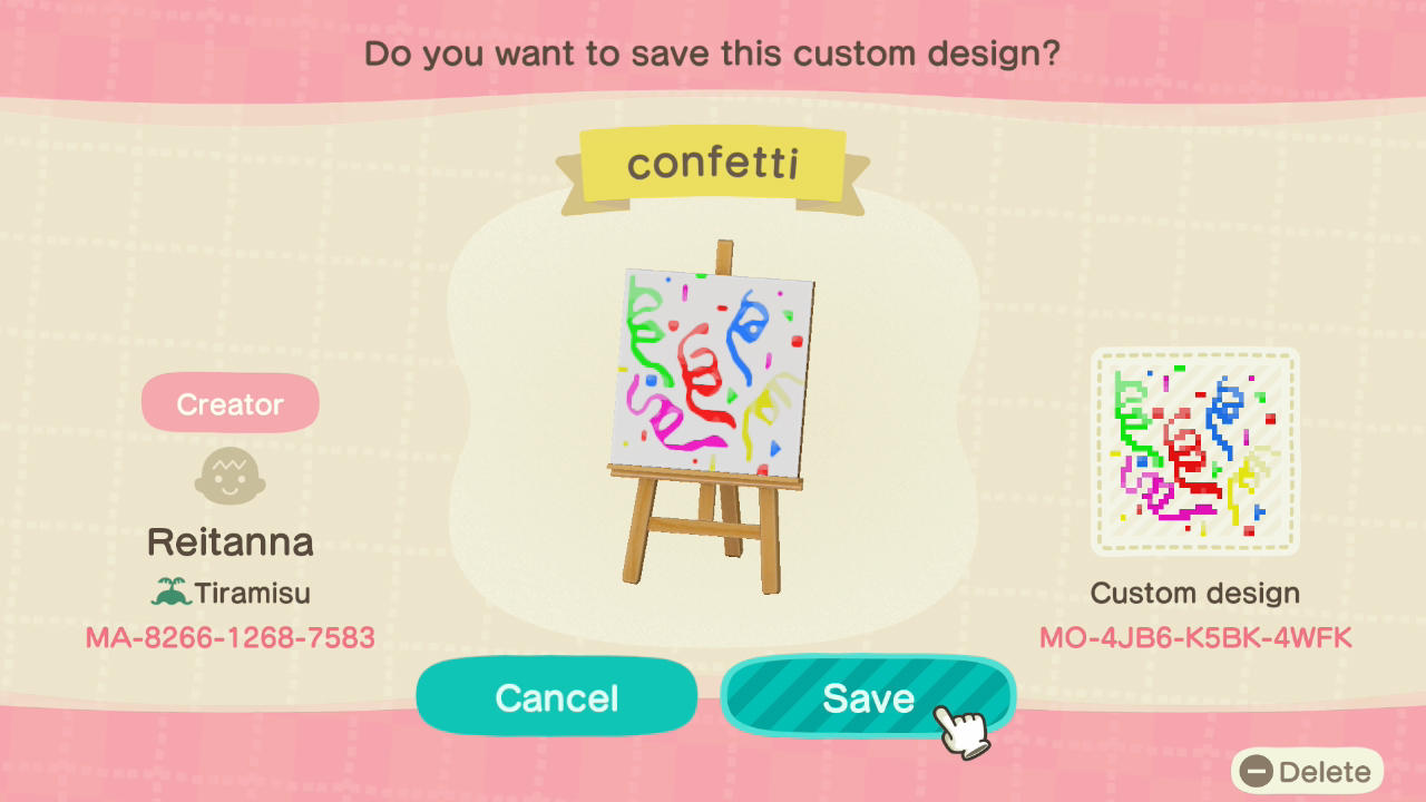 Animal Crossing Design Code: MO-4JB6-K5BK-4WFK confetti