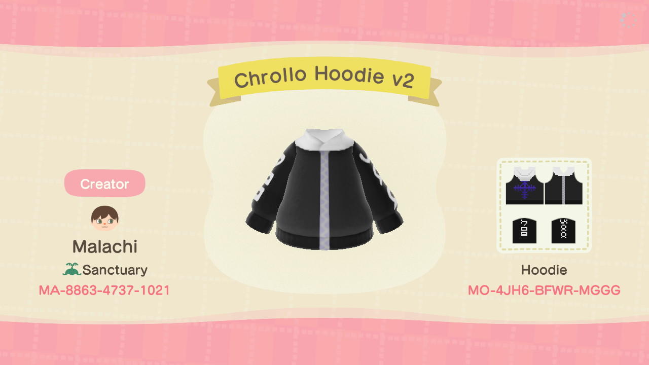 Animal Crossing Design Code: MO-4JH6-BFWR-MGGG Chrollo Hoodie v2
