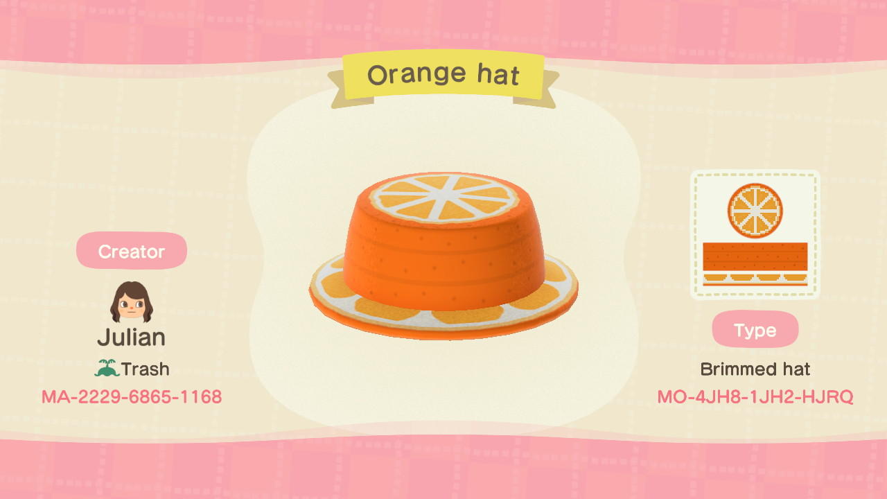 Animal Crossing Design Code: MO-4JH8-1JH2-HJRQ Orange hat