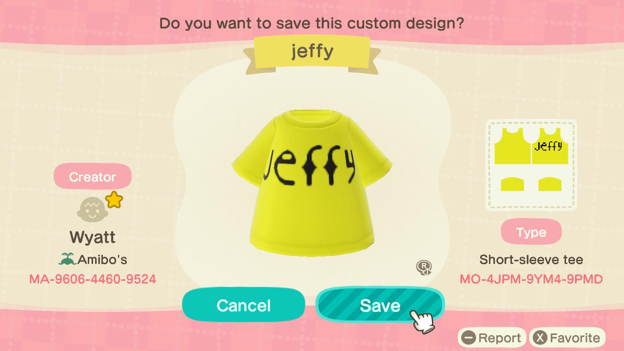 Animal Crossing Design Code: MO-4JPM-9YM4-9PMD Jeffy