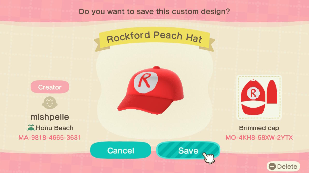 Animal Crossing Design Code: MO-4KH8-58XW-2UTX Rockford Peach Hat