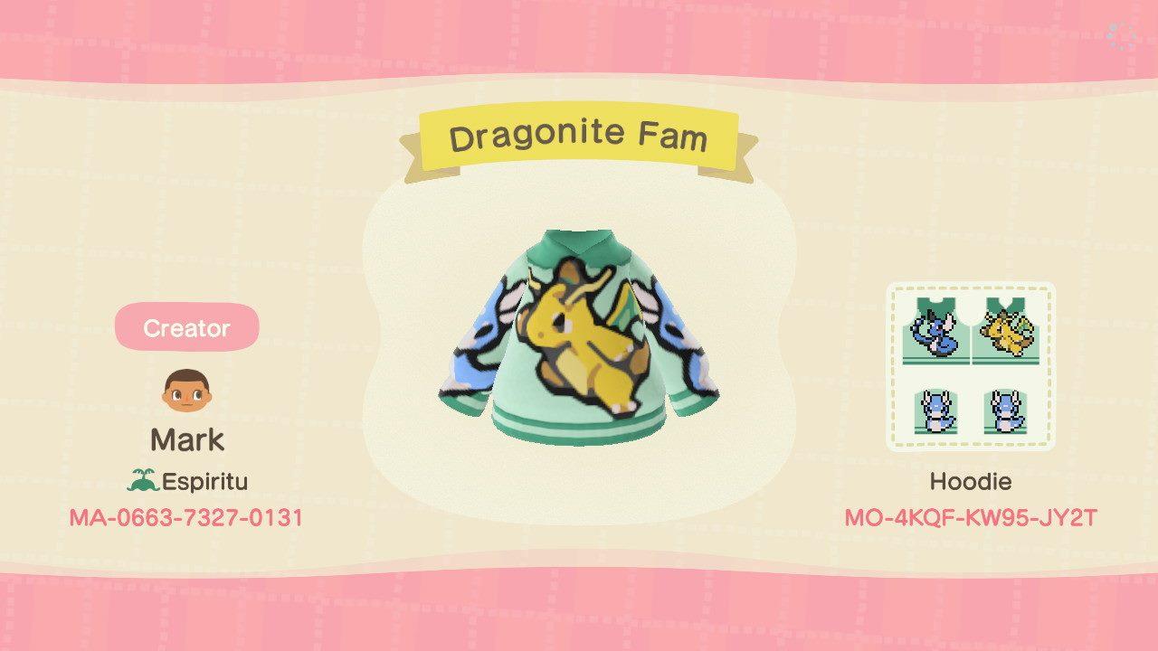 Animal Crossing Design Code: MO-4KQF-KW95-JY2T Dragonite Fam Hoodie