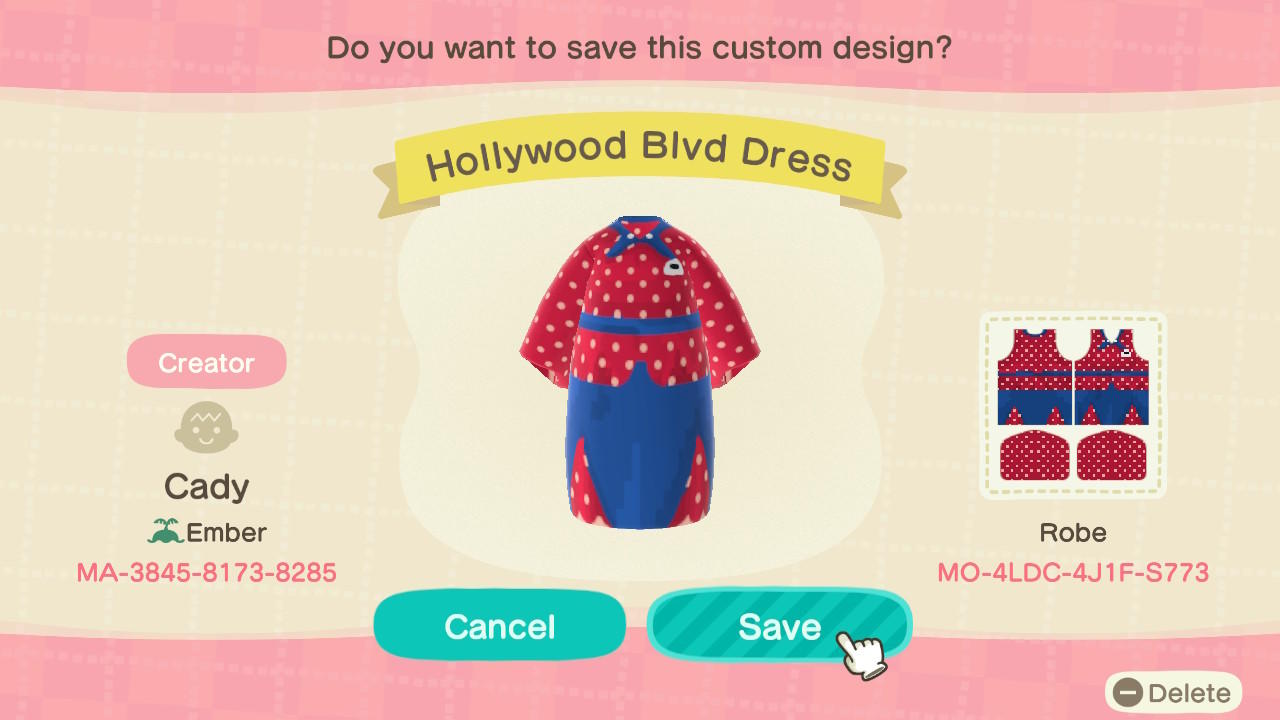 Animal Crossing Design Code: MO-4LDC-4J1F-S773 Hollywood Blvd Dress