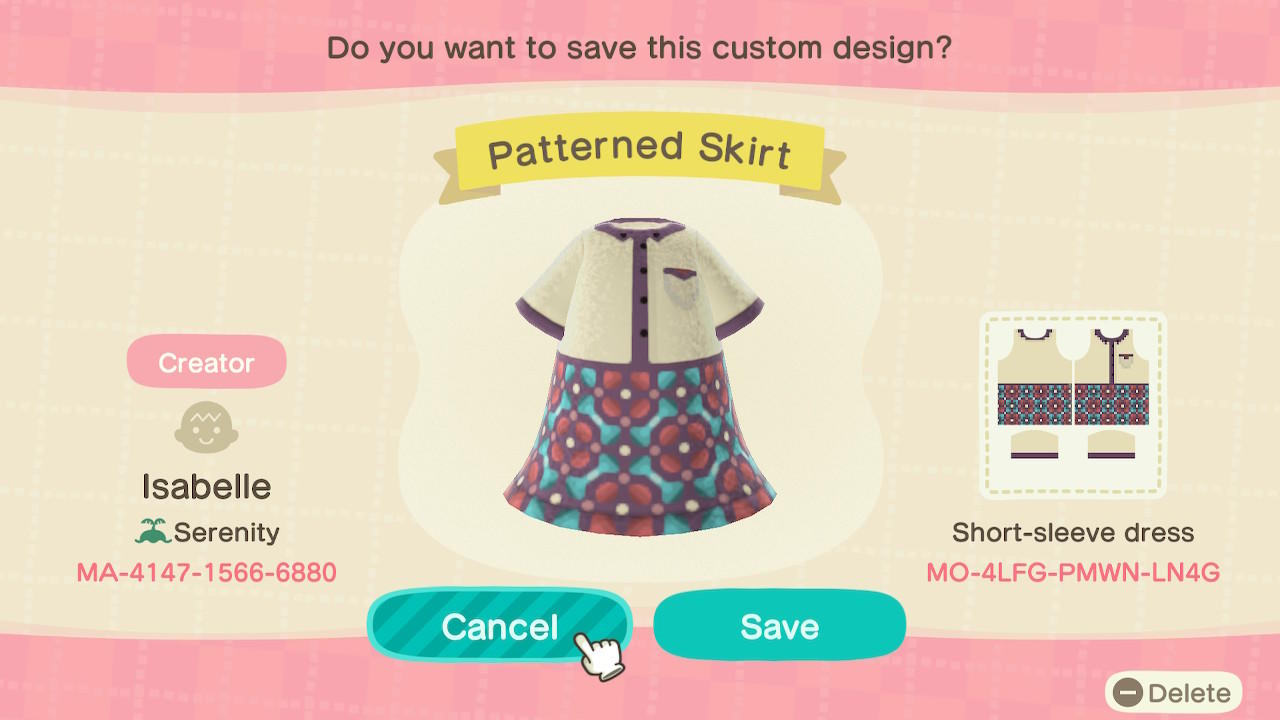 Animal Crossing Design Code: MO-4LFG-PMWN-LN4G Patterned Skirt
