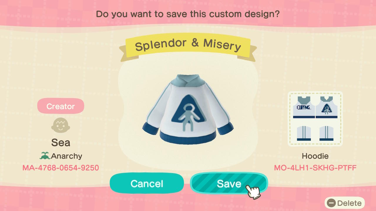 Animal Crossing Design Code: MO-4LH1-SKHG-PTFF Splendor & Misery