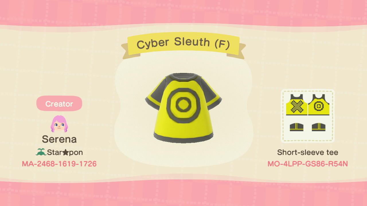 Animal Crossing Design Code: MO-4LPP-GS86-R54N Cyber Sleuth (F)