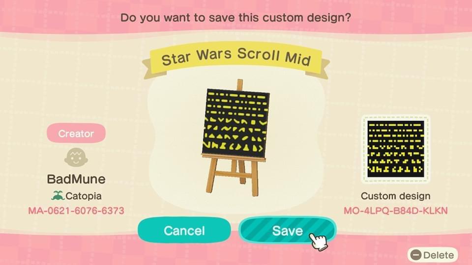 Animal Crossing Design Code: MO-4LPQ-B84D-KLKN Star Wars Scroll Mid
