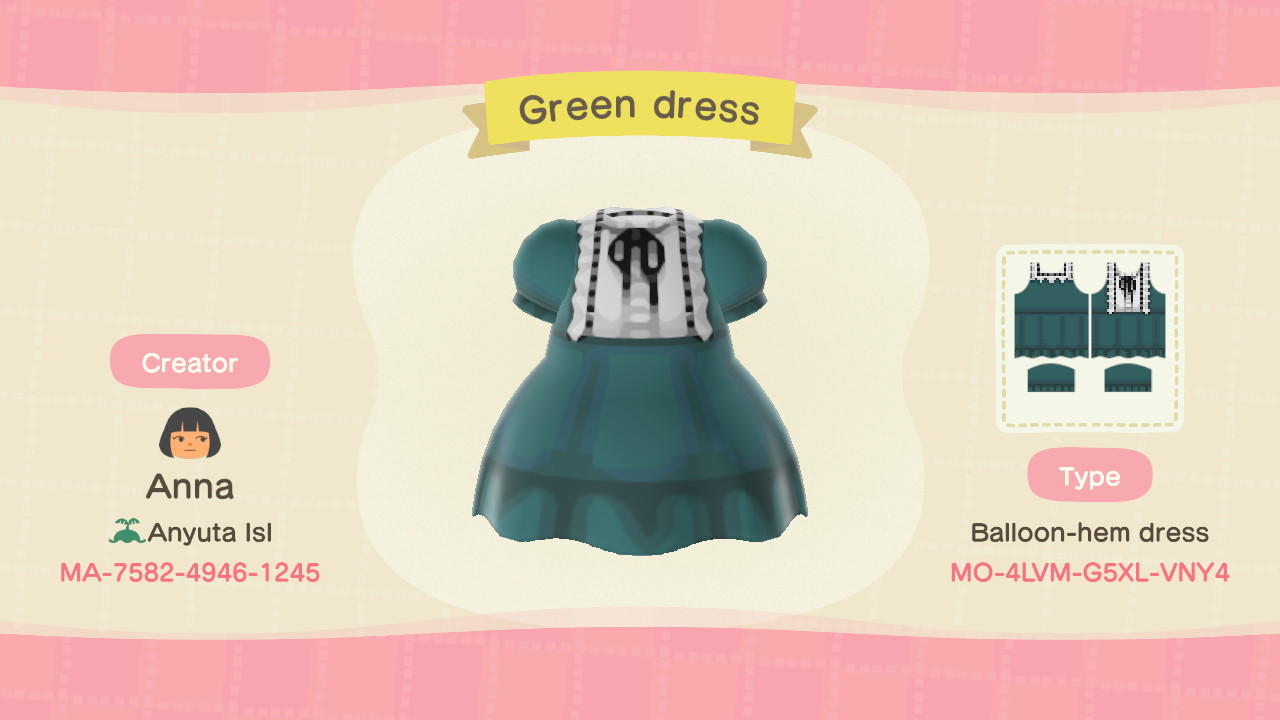 Animal Crossing Design Code: MO-4LVM-G5XL-VNY4 Green dress