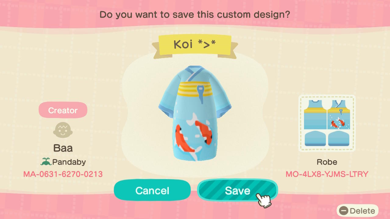 Animal Crossing Design Code: MO-4LX8-YJMS-LTRY Koi Kimono