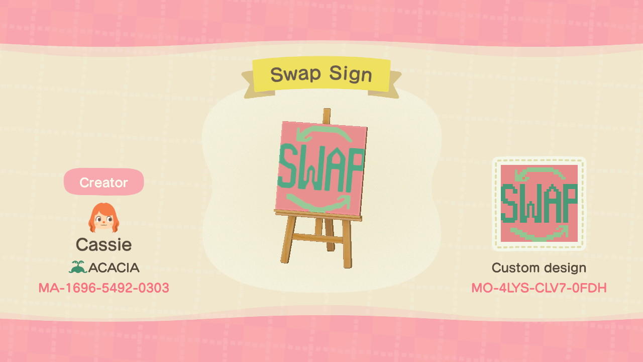 Animal Crossing Design Code: MO-4LYS-CLV7-0FDH Swap Sign