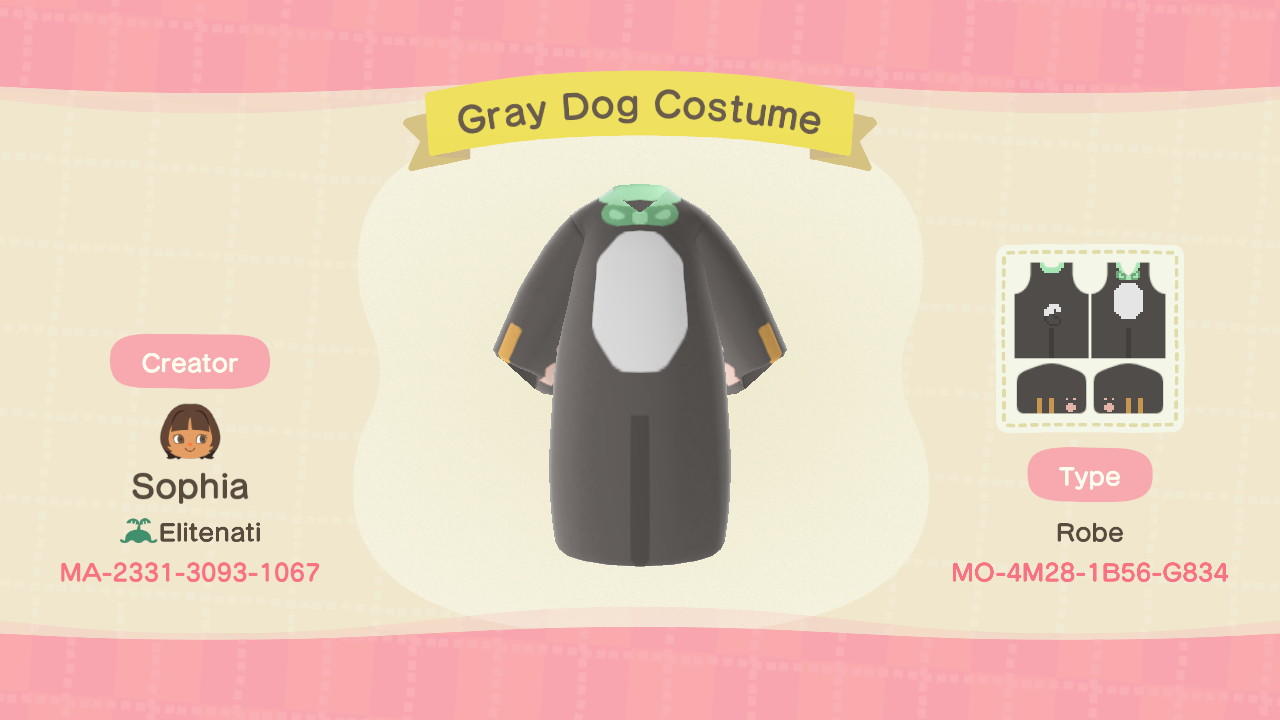 Animal Crossing Design Code: MO-4M28-1B56-G834 Gray Dog Costume