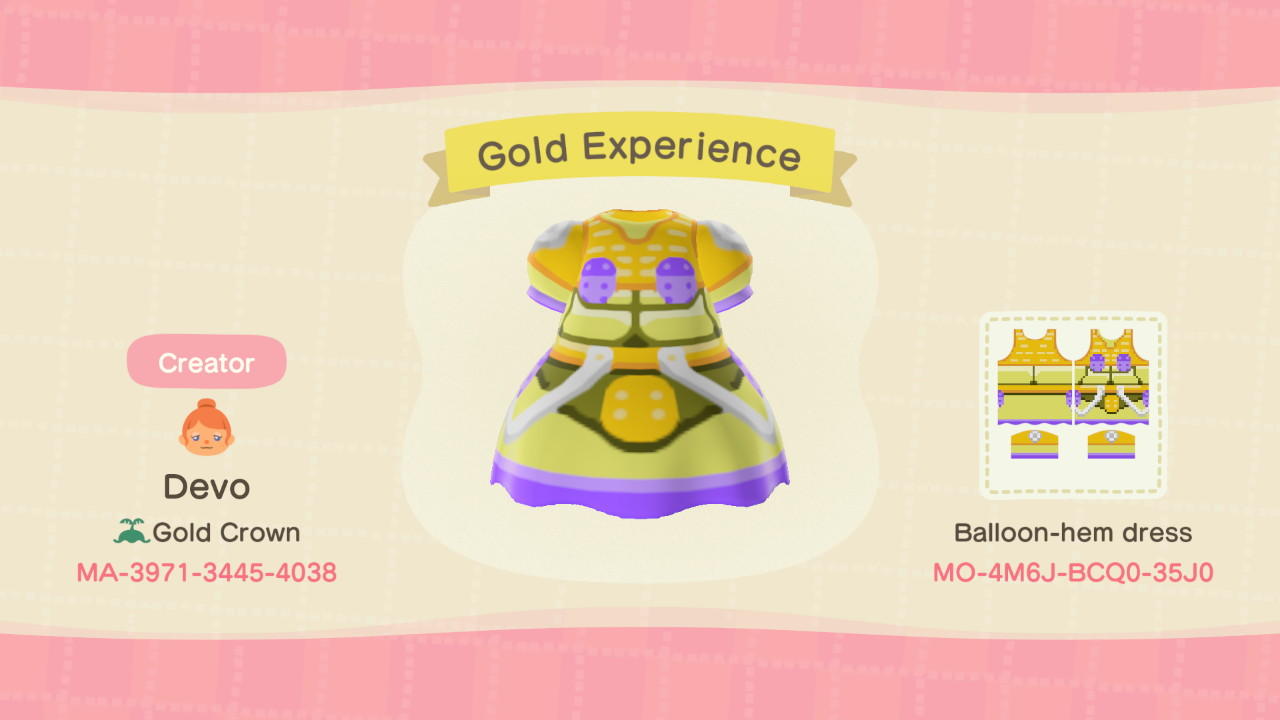 Animal Crossing Design Code: MO-4M6J-BCQ0-35J0 Gold Experience