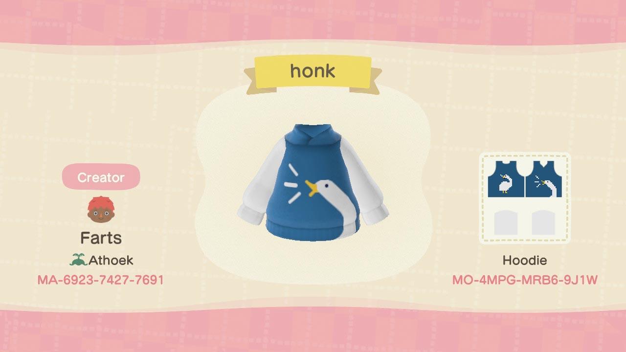 Animal Crossing Design Code: MO-4MPG-MRB6-9J1W honk