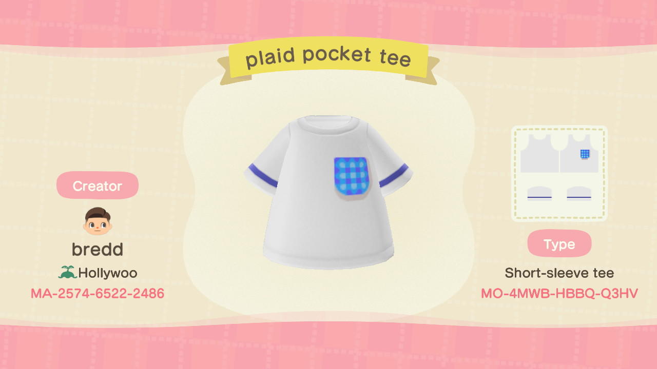 Animal Crossing Design Code: MO-4MWB-HBBQ-Q3HV plaid pocket tee