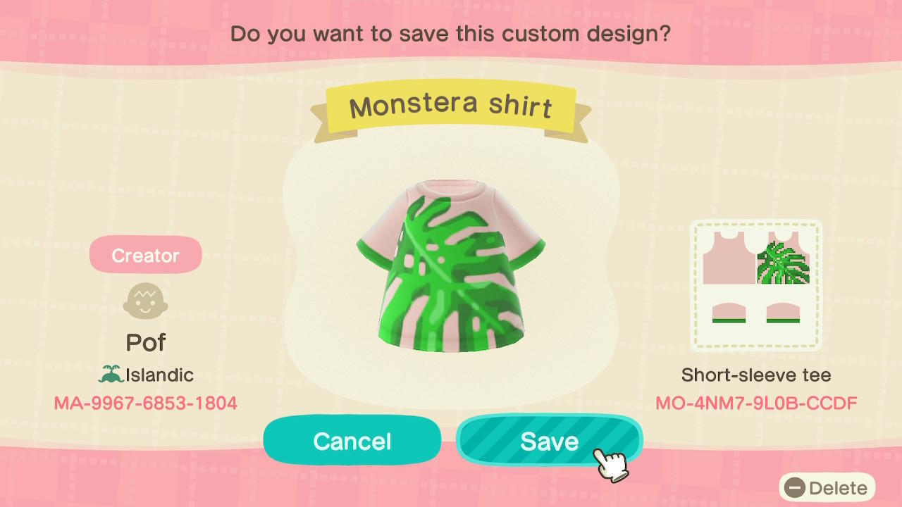 Animal Crossing Design Code: MO-4NM7-9L0B-CCDF Monstera
