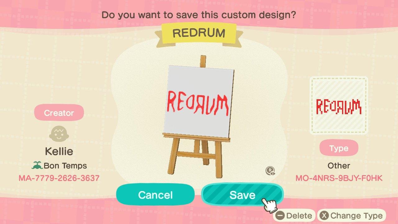 Animal Crossing Design Code: MO-4NRS-9BJY-F0HK REDRUM