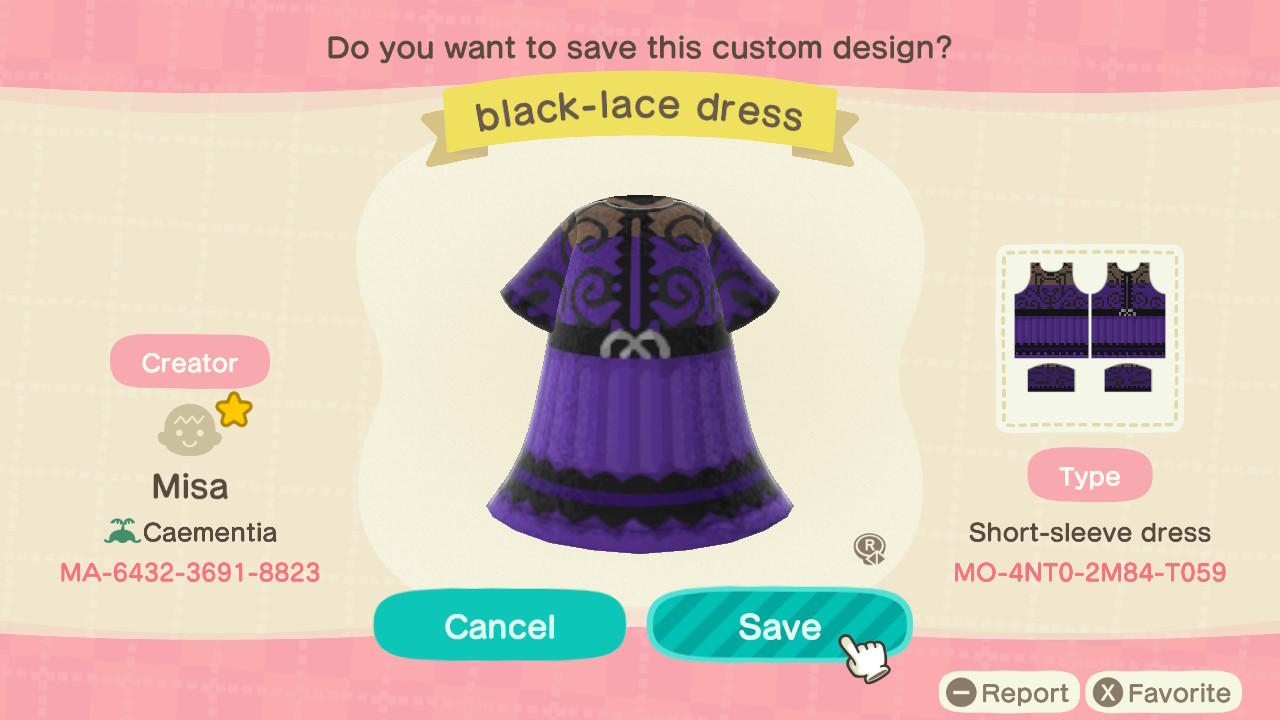 Animal Crossing Design Code: MO-4NT0-2M84-T059 Black-Lace Dress