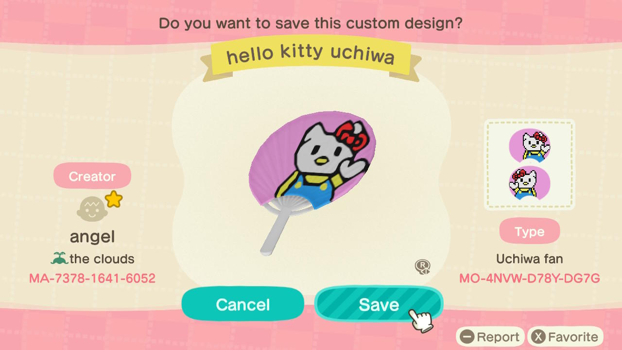 Animal Crossing Design Code: MO-4NVW-D78Y-DG7G Hello Kitty Fan