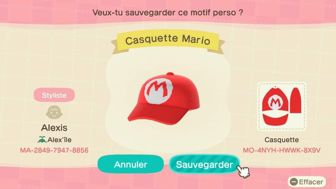 Animal Crossing Design Code: MO-4NYH-HWWK-8X9V Casquette Mario