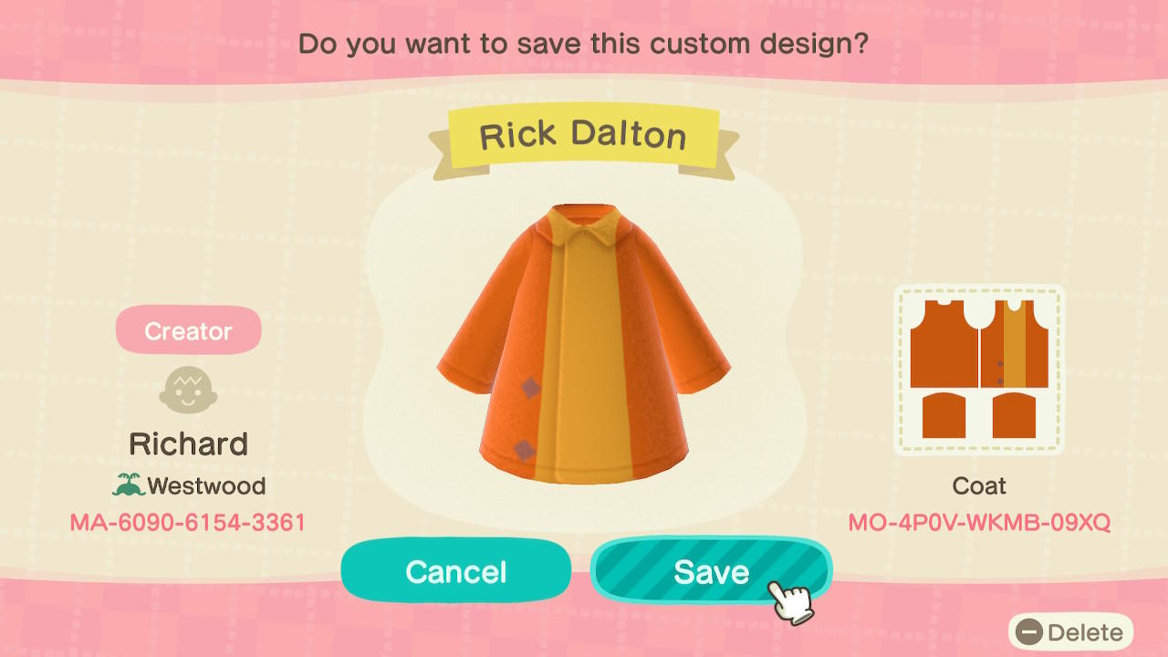 Animal Crossing Design Code: MO-4P0V-WKMB-09XQ Rick Dalton