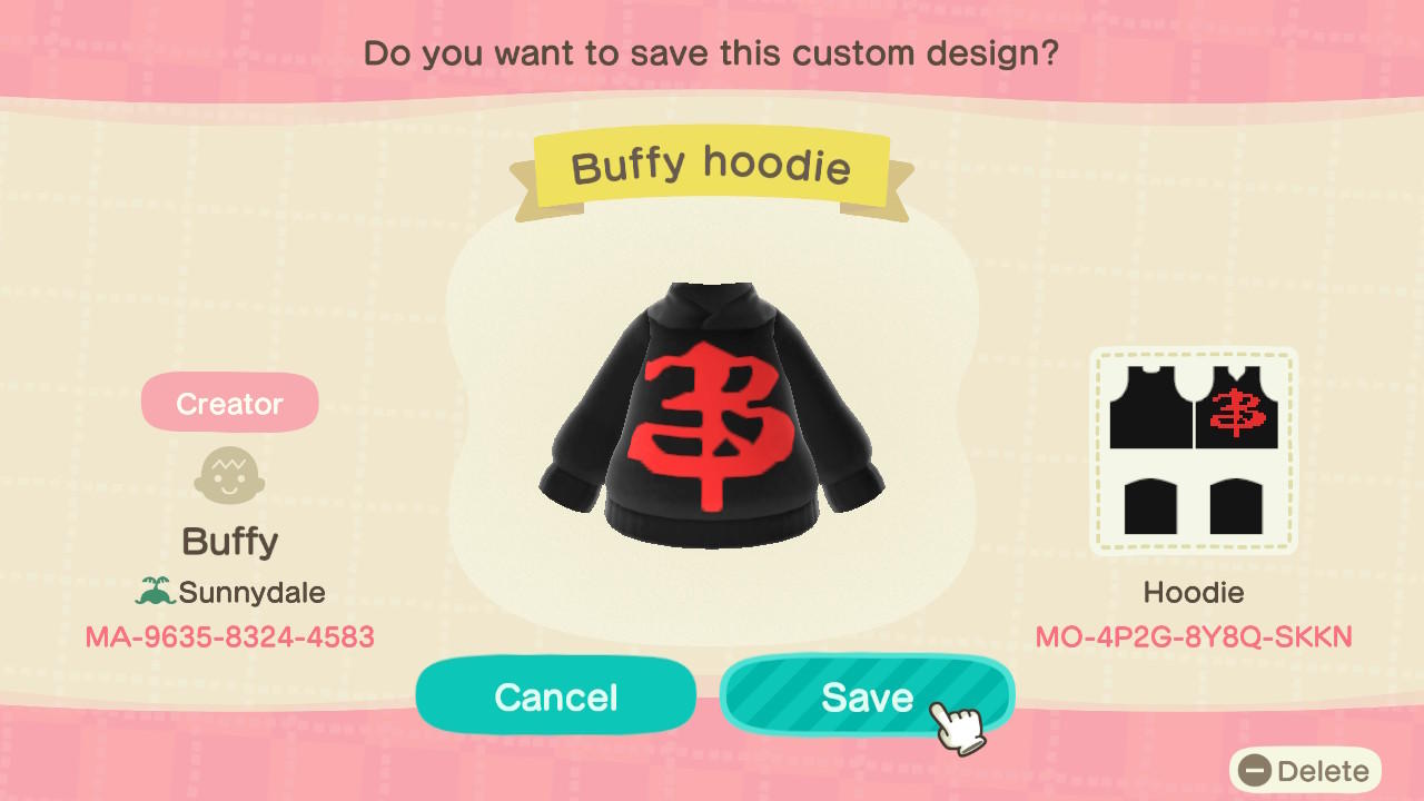 Animal Crossing Design Code: MO-4P2G-8Y8Q-SKKN Buffy Hoodie