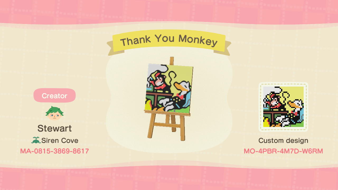 Animal Crossing Design Code: MO-4PBR-4M7D-W6RM Thank you Monkey