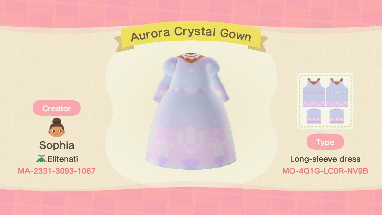 Animal Crossing Design Code: MO-4Q1G-LC0R-NV9B Aurora Crystal Gown