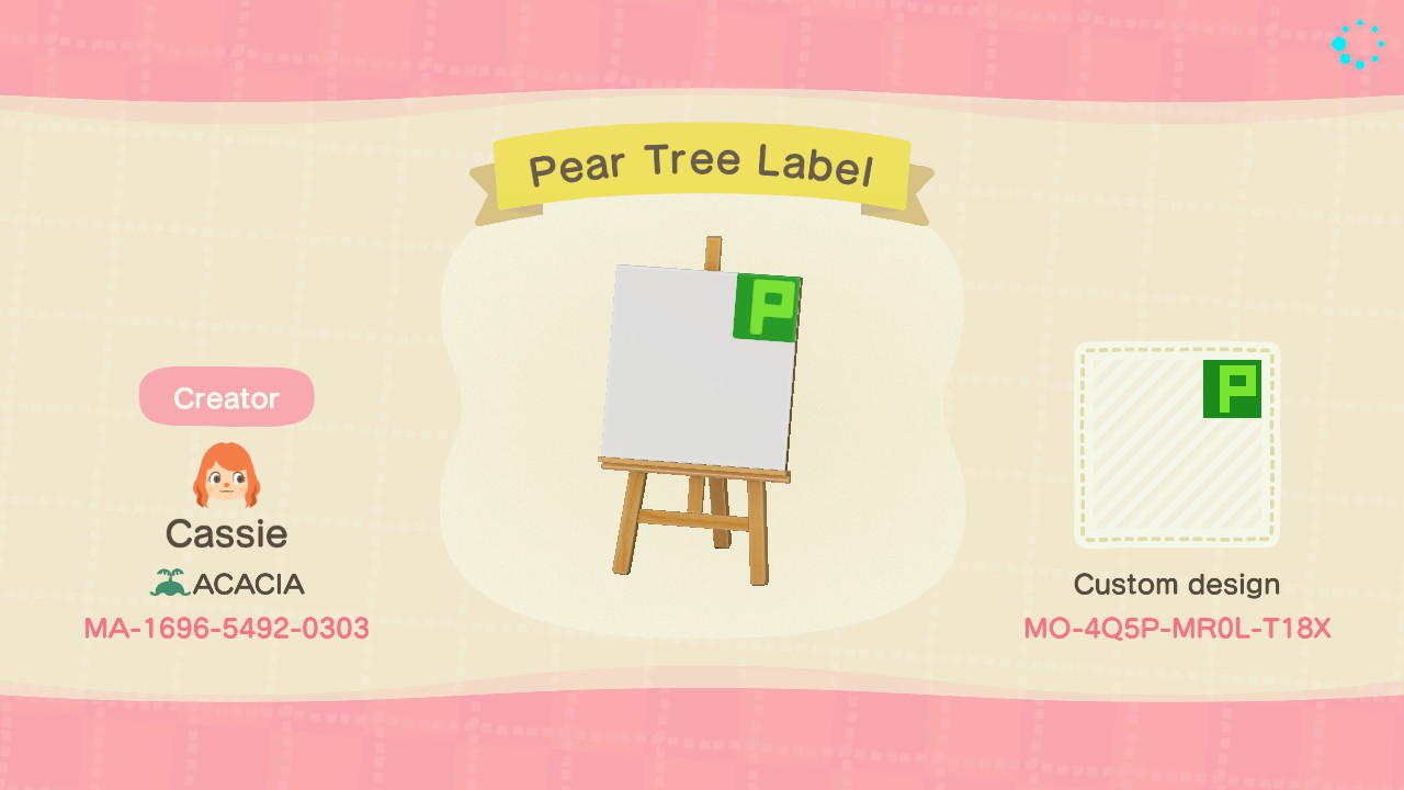 Animal Crossing Design Code: MO-4Q5P-MR0L-T18X Pear Tree Label