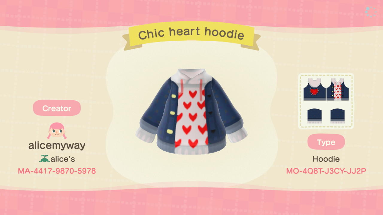 Animal Crossing Design Code: MO-4Q8T-3JCY-JJ2P Chic Heart Hoodie