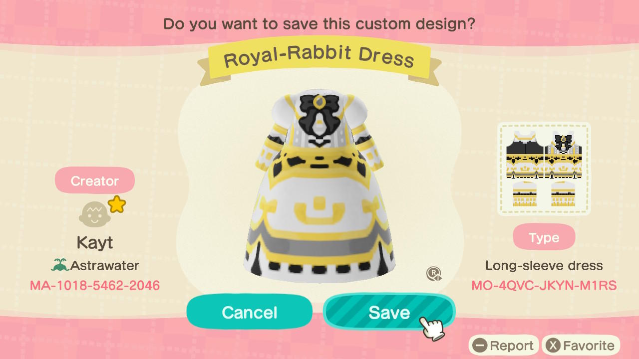 Animal Crossing Design Code: MO-4QVC-JKYN-M1RS Royal-Rabbit Dress