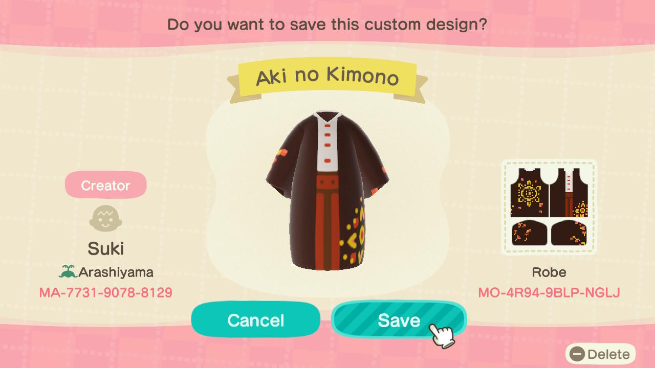 Animal Crossing Design Code: MO-4R94-9BLP-NGLJ Autumn Kimono