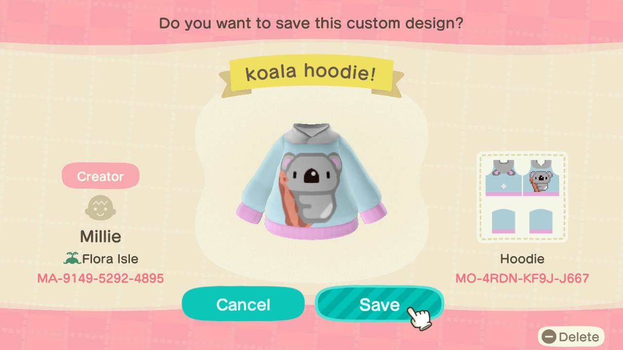 Animal Crossing Design Code: MO-4RDN-KF9J-J667 koala hoodie!