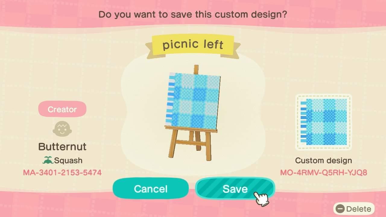Animal Crossing Design Code: MO-4RMV-Q5RH-YJQ8 Picnic blanket left
