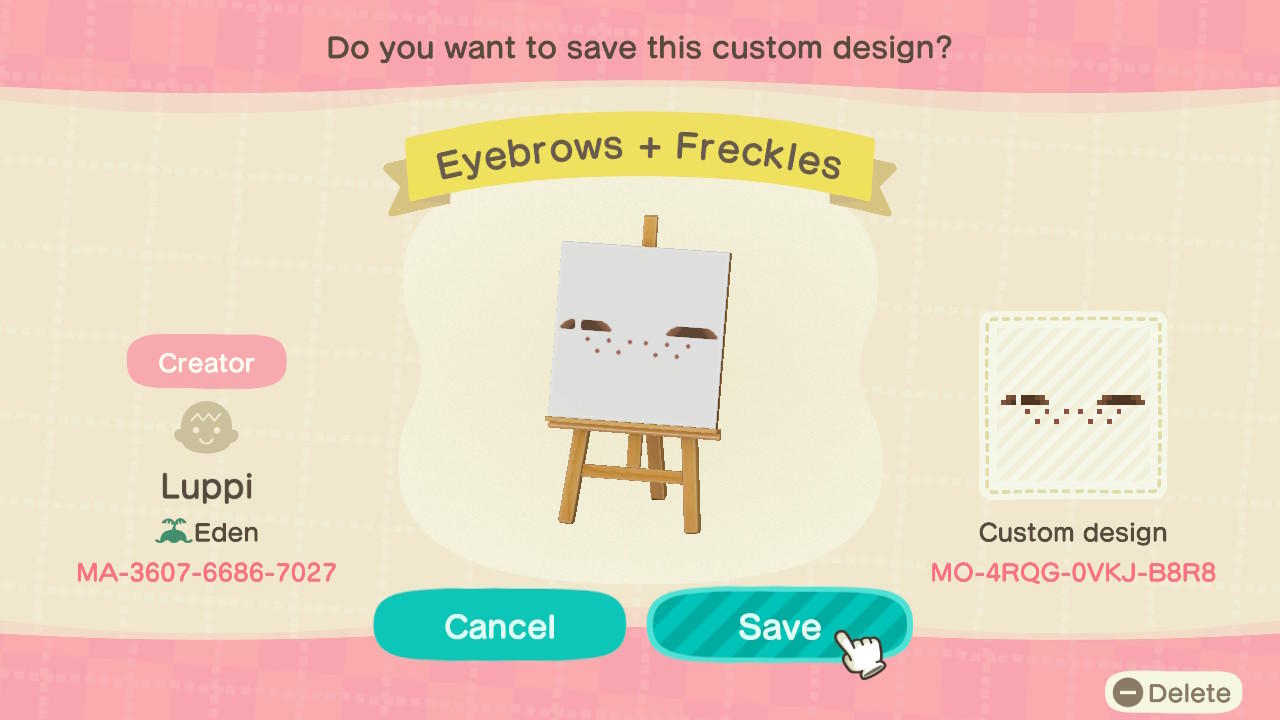 Animal Crossing Design Code: MO-4RQG-0VKJ-B8R8 eyebrows & freckles