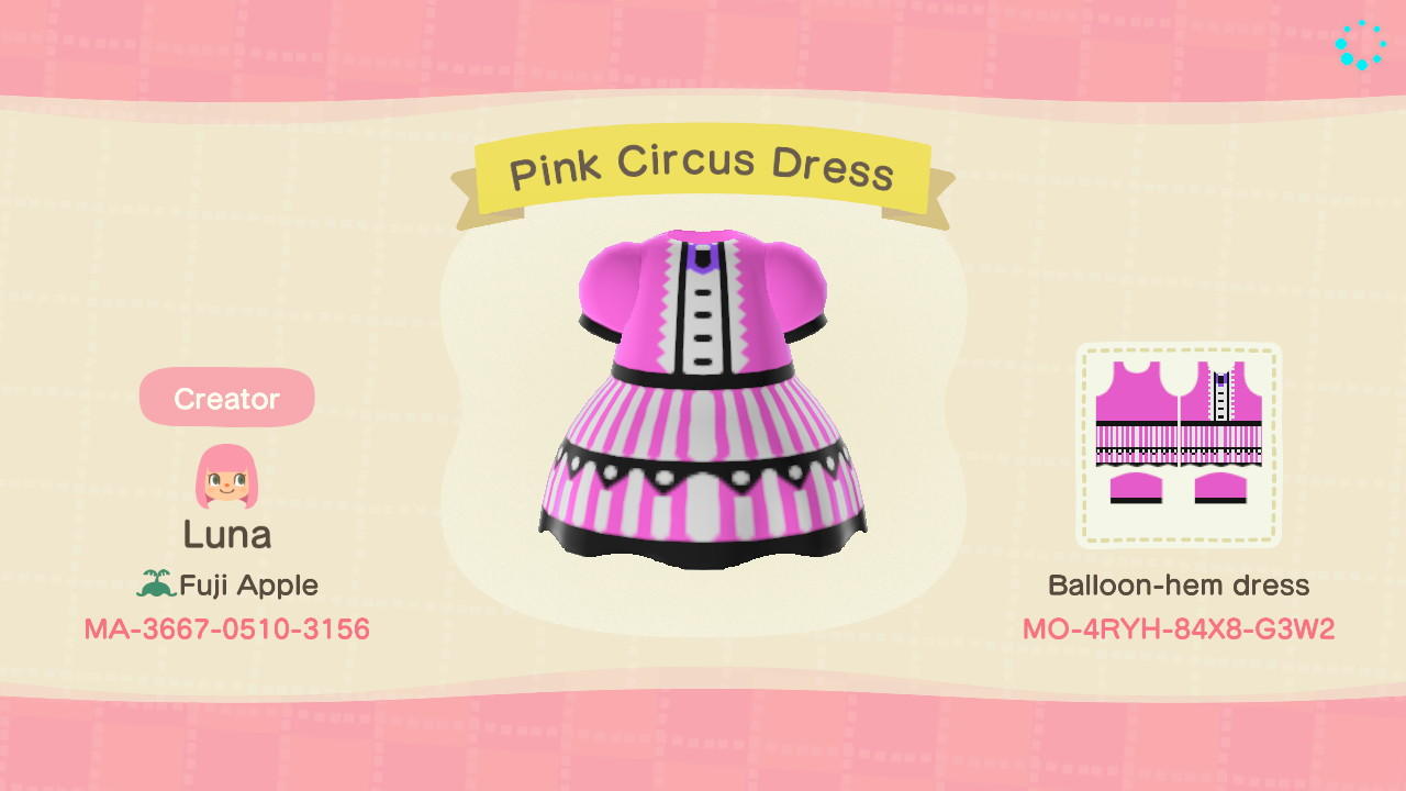 Animal Crossing Design Code: MO-4RYH-84X8-G3W2 Pink Circus Dress