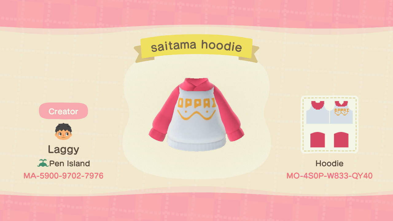 Animal Crossing Design Code: MO-4S0P-W833-QY40 Saitama Hoodie