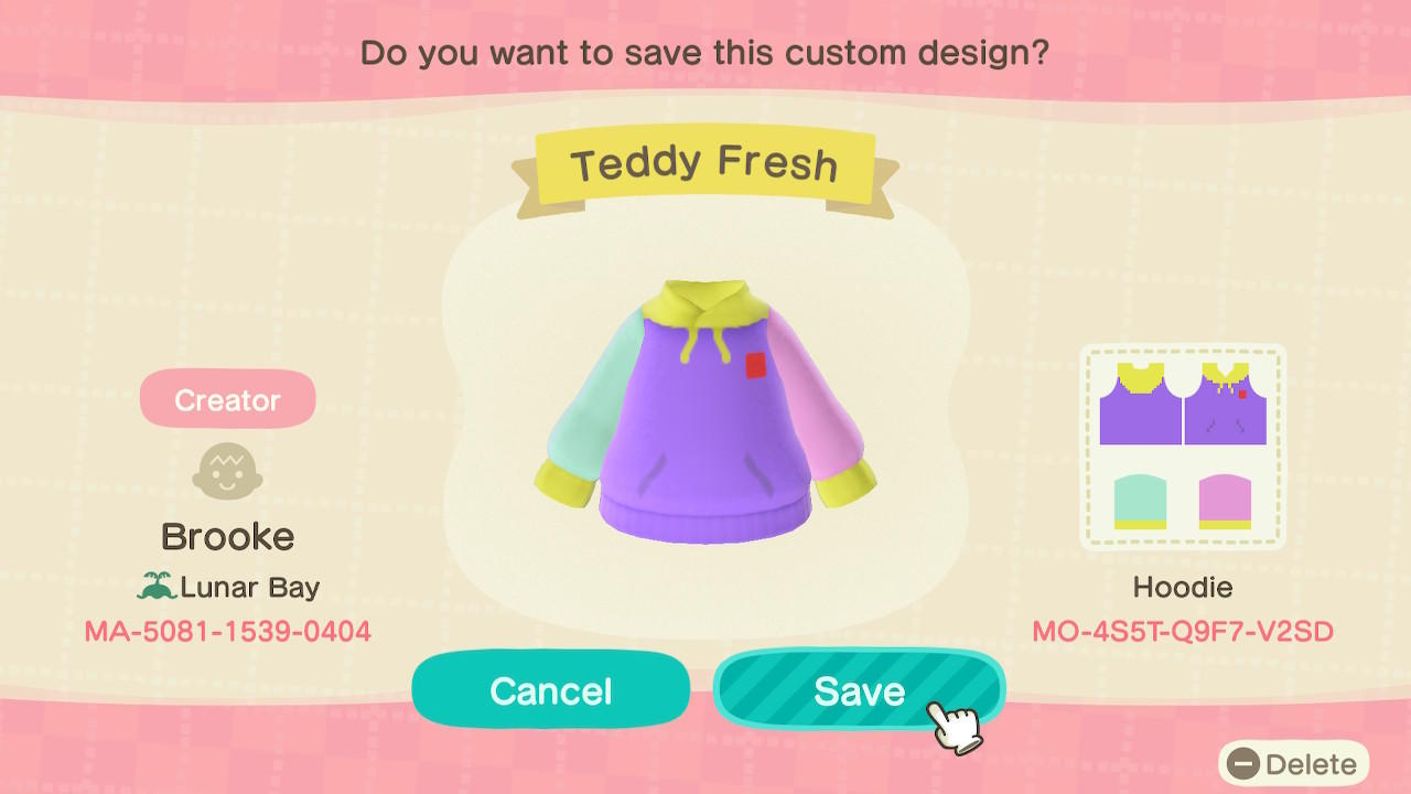Animal Crossing Design Code: MO-4S5T-Q9F7-V2SD Teddy Fresh