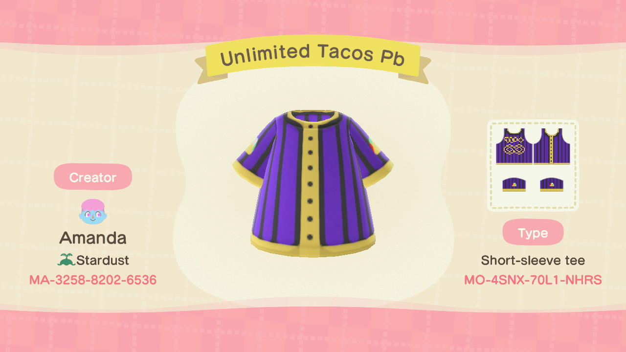 Animal Crossing Design Code: MO-4SNX-70L1-NHRS Unlimited Tacos Pb