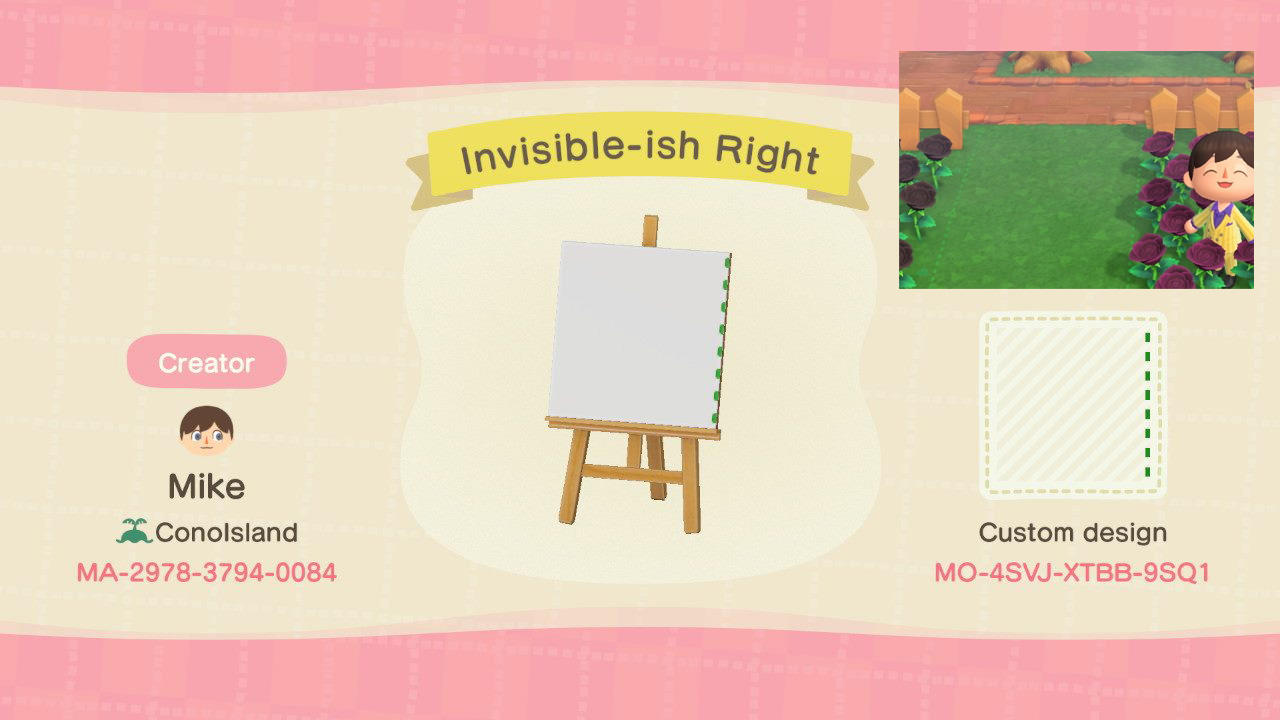 Animal Crossing Design Code: MO-4SVJ-XTBB-9SQ1 Invisible-ish Right